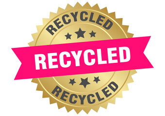 recycled. recycled round pink and gold label isolated on transparent background