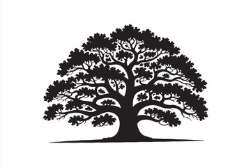 Majestic Oak Tree Vector in Black Silhouette with Balanced Structure and Dense Canopy