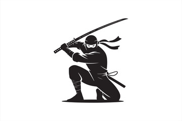 Naklejka premium Ninja Fighter with Katana in Front of Japanese Calligraphy Silhouette Style