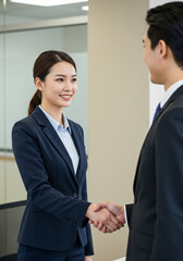 Businesswoman and businessman shaking hands during a meeting in a modern office environment setting