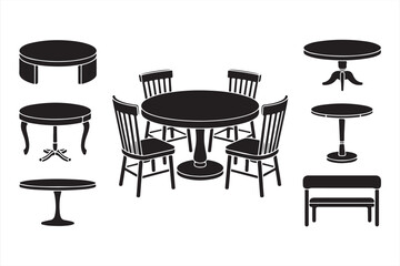 Black Vector Illustration of Classic Dining Table with Chairs and Mixed Round Furniture Styles