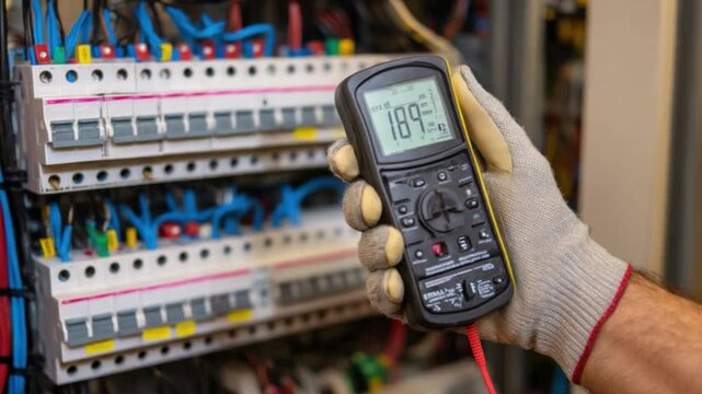 Electrician Using Digital Multimeter: A close-up shot of an electrician's hand in a protective glove.