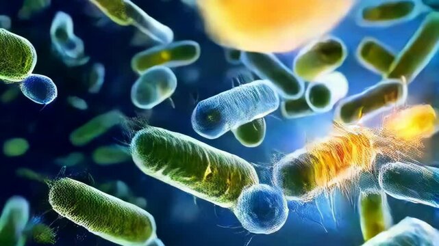 Microscopic illustration of various bacteria cells, rod-shaped, and spherical, floating in a liquid, isolated on a blue background