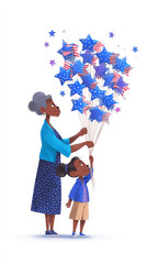 An African grandmother and her granddaughter holding star-shaped balloons on American flags, set agai