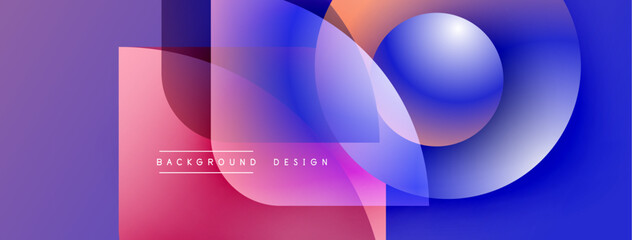 Abstract geometric shapes blend vibrant purple, blue, pink hues. Modern design features translucent layers, gradient effects. Text reads background design.