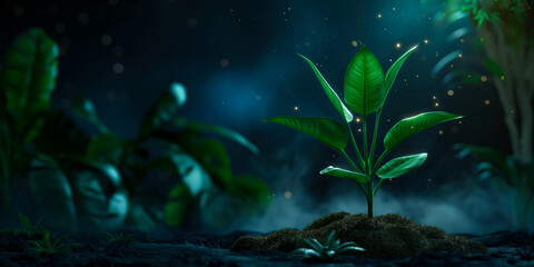 Green plant growing at night in neon rainforest