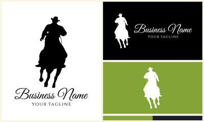 Cowboy Riding Horse Silhouette Logo.