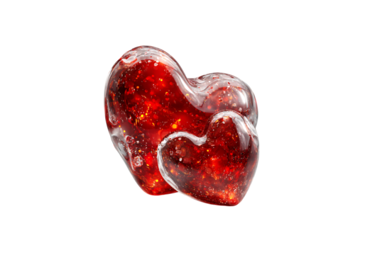 Two red glass hearts intertwined romantic love symbol,On Transparent Background, Isolated on white