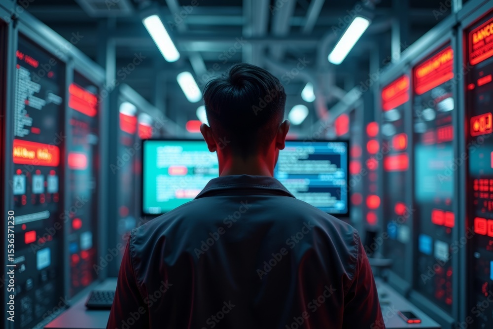 Poster title: surprised engineer in high-tech factory faced with ransomware attacks