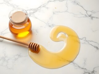 Minimalist Flatlay of Honey Drizzle on Marble: Minimalist flatlay showing a clean marble surface with a stream of honey drizzled in a swirl shape, glass honey jar and dipper beside.