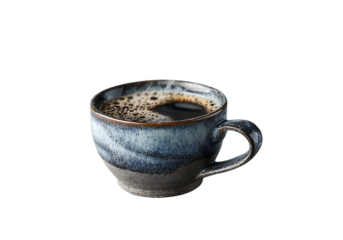 Aromatic dark roast coffee in a rustic blue cup,On Transparent Background, Isolated on white