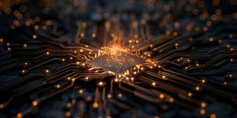 Glowing microchip with digital network on dark background