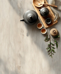 Design for a tea shop wooden table top view with an elegant Chinese clay teapot 
