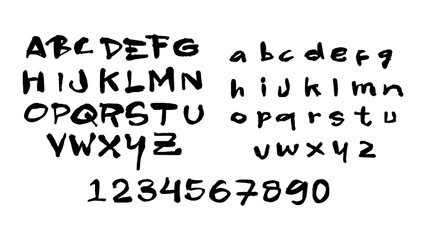 Hand-painted art numbers and capital letters alphabet A-Z, created with black acrylic and rough brush. Vector alphabet with unique, expressive, textured style.