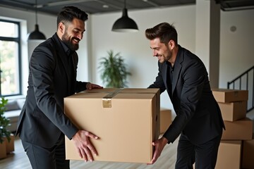 Sleek movers in all-black attire pack boxes in stylish office with industrial-chic decor.