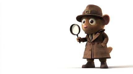 A cartoon mouse detective, dressed in a brown trench coat, fedora, and holding a magnifying glass, stands against a white background