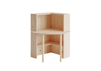 Corner wooden desk with shelves natural light wood study table,On Transparent Background, Isolated on white