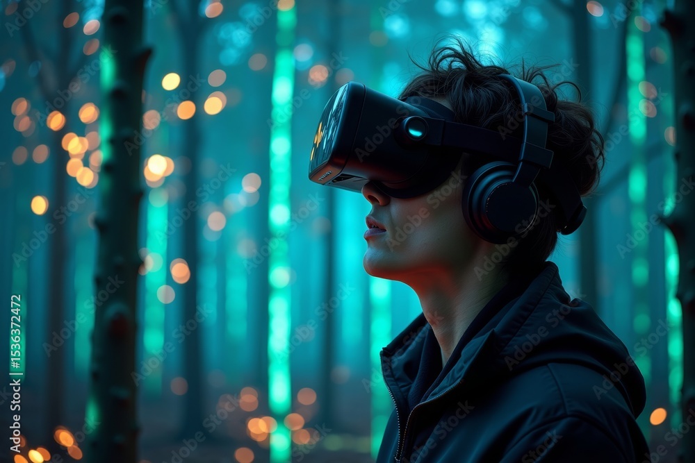 Poster computer analyst uses virtual reality goggles to analyze data trees with glowing branches in digital