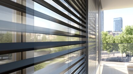 Fototapeta premium Modern window blinds with horizontal slats, showcasing a city view