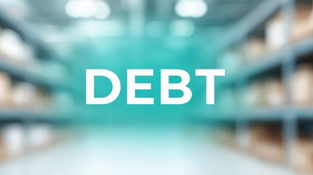 The word DEBT at the center of the image with a background of small and medium-sized shops, representing the problem of unpayable debt in small business operations (SMEs).