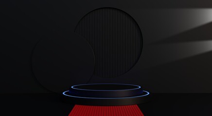 Black podium, black background with neon lights and red carpet for advertising luxury premium products. 3D illustration.
