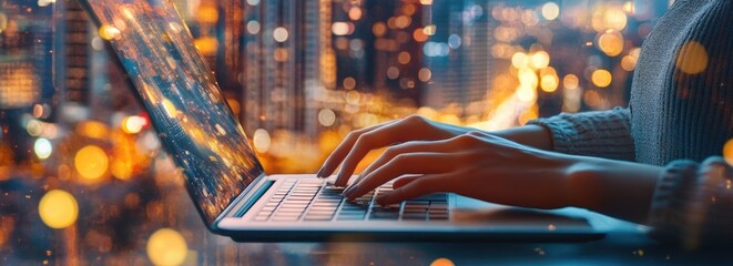 Close-up of hands typing on a laptop keyboard, with the focus point blurred and a background of city lights at night. This concept represents online work or a digital lifestyle.