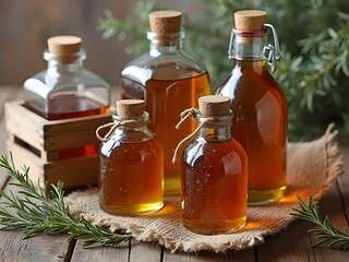 Flatlay of Vintage Honey Bottles and Wooden Crates: Flatlay featuring vintage glass bottles of honey and syrup placed in small wooden crates, styled with burlap, and herbs.