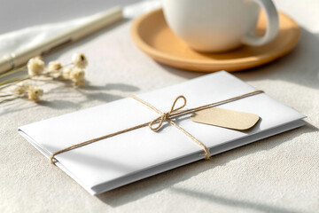 Flat-lay of a luxury gift mockup envelope wrapped in soft textured handmade paper. Concept of mockup gift