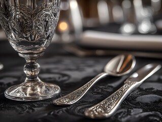 Elegant silverware and crystal glass are set on a dark tablecloth for an exclusive fine dining event.