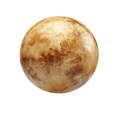 A realistic golden-orange planet with a textured, rocky surface, suspended in mid-air against a pristine white background.