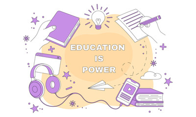 School training, education icon. Science abstract frame, online book course. Knowledge elements, university study. Exam webinar in class. Hand symbol. Headphones and textbook. Vector marketing banner