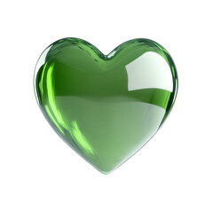 A glossy green glass heart symbol floats in mid-air against a clean white to light grey gradient background.
