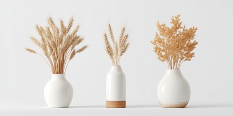 Three white vases hold dried wheat and oat arrangements against a minimalist white backdrop