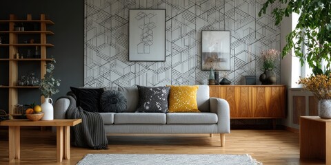 Grey sofa in modern living room with geometric wallpaper, wooden accents, and plants