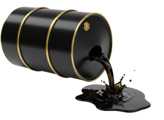 Black oil barrel leaking crude oil isolated on transparent background