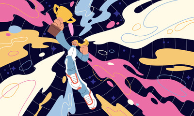 Recognition of people. Concept award employee. Achievement of human. Personal success, triumph myself. Idea psychology. Flying in space woman hold golden cup. Vector cartoon flat isolated illustration