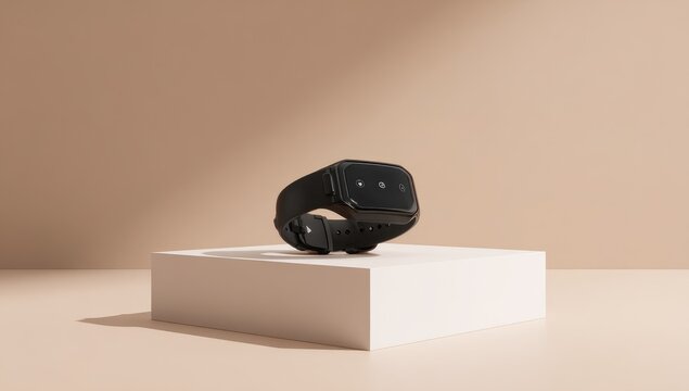 Sleek black wrist-worn device with a rectangular screen, subtly angled, rests on a minimalist white cube against a muted beige backdrop