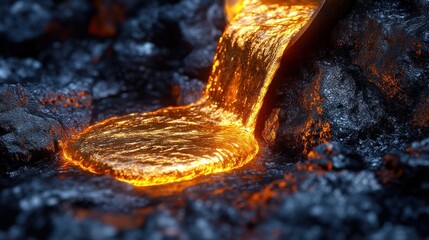 Molten gold flows from a furnace