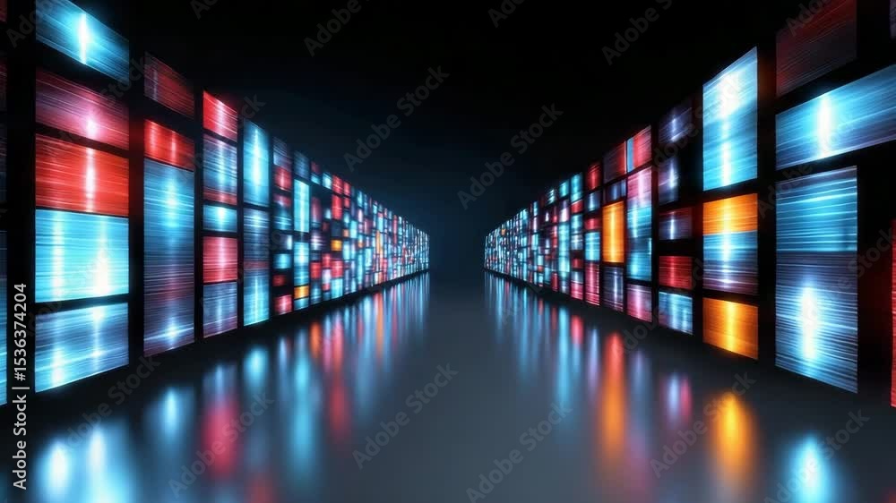Poster visual pathway of illuminated panels in a dark, futuristic setting.