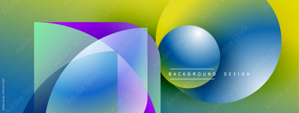 Poster Abstract colorful shapes overlap, creating dynamic visual effect. Gradient hues blend smoothly, forming modern background design.