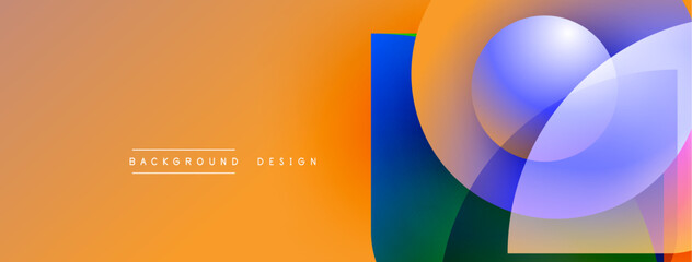 Abstract geometric shapes overlap, creating vibrant color gradients. Orange background complements blue, purple elements. Modern design aesthetic.