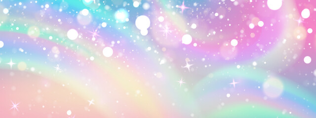 Pastel rainbow bg with floating glitter stars in pink, yellow and blue gradient. Dreamy sparkle on magical swirl pattern with soft light bokeh. Fantasy wallpaper for unicorn themes or kawaii designs.
