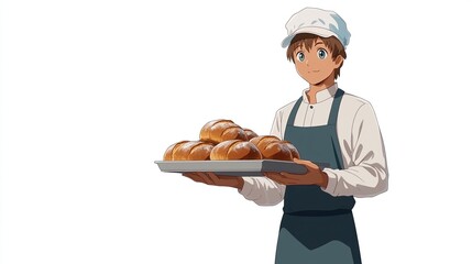 A young male baker, wearing a white chef's hat and apron, presents a tray of freshly baked, golden-brown bread rolls against a white background.  His expression is pleasant and welcoming