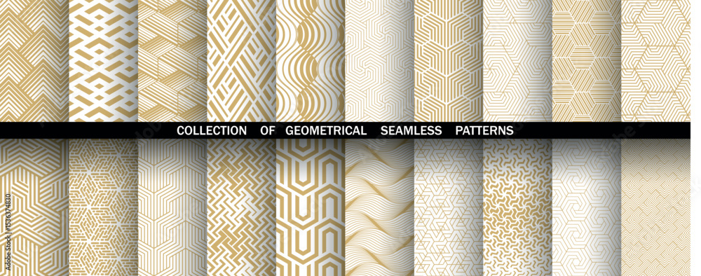 Poster Geometric set of seamless golden and white patterns. Simple vector graphics