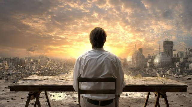 Person gazing at a vibrant sunset over a city skyline.