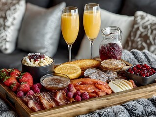 Beautiful brunch charcuterie board with mimosa cocktails served on cozy couch for relaxed weekend morning.