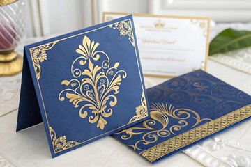 Fototapeta premium Blue card with gold trim and a gold border
