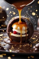 Pouring Caramel on Deconstructed Chocolate Dessert with Berries and Cream