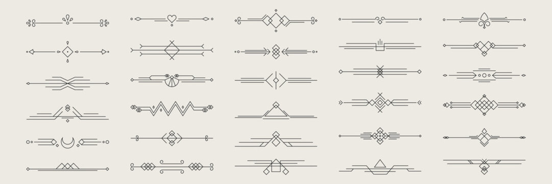 Decorative line divider set - geometric ornamental borders with diamonds, hearts, arrows and abstract shapes. Vintage deco separators for text, invitations, certificates and elegant design elements.