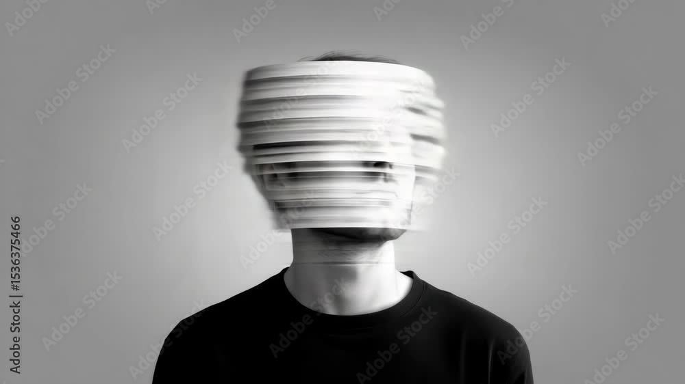 Poster abstract portrait with layered paper obscuring the face and head.